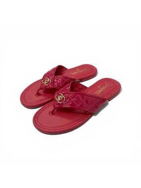 Chanel Sandals Shoes Patent Pink Gold CC Logo Quilted Thong Flat
